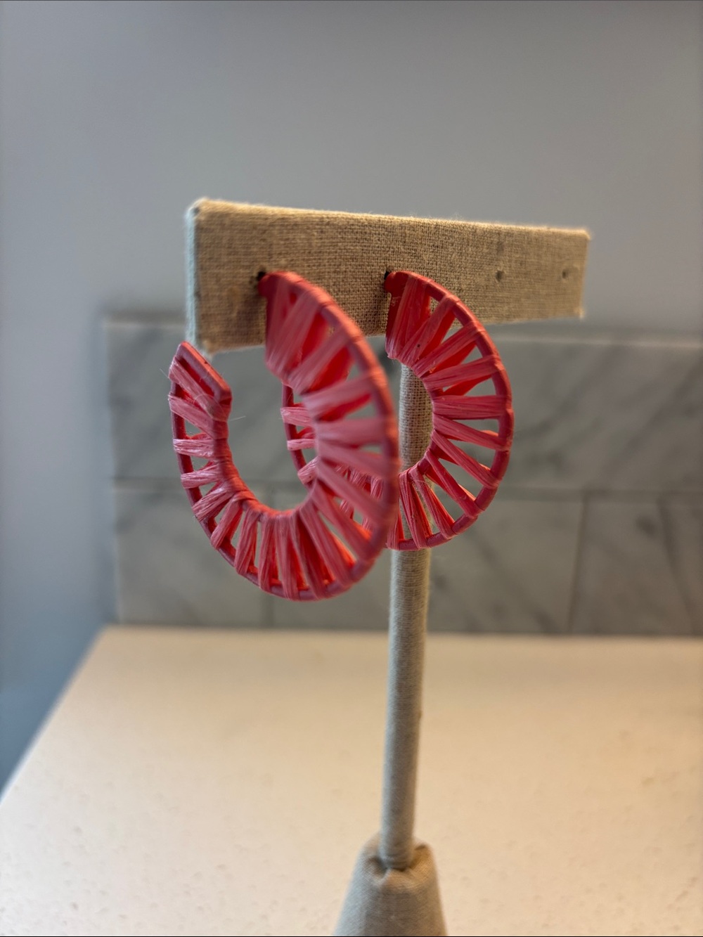 Pink Raffia Wrapped Hoop Earrings